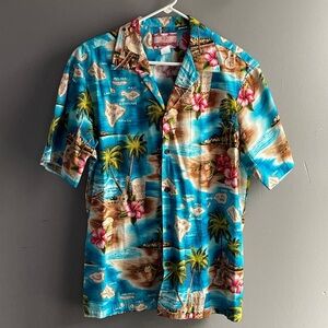 RJC Shirt Mens Large Blue Hawaiian Islands Beach Tropical Floral Palms Camp‎ EUC